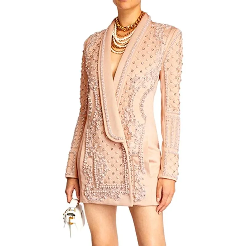Pearl Beaded Shawl Collar Hidden Breasted Long Sleeve Blazer
