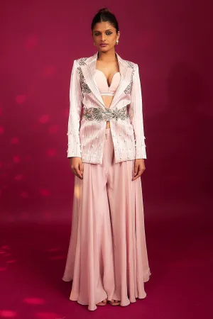 Pink Ajrakh Embroidered Bralette, Blazer & Flared Pant Set