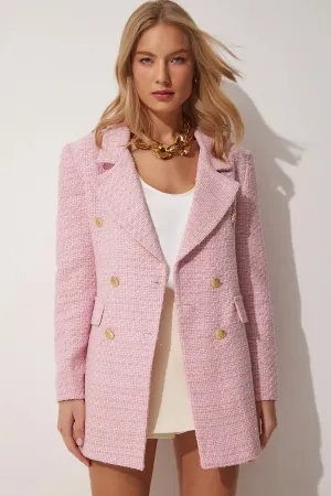 Pink Buttoned Blazer Tweed Jacket