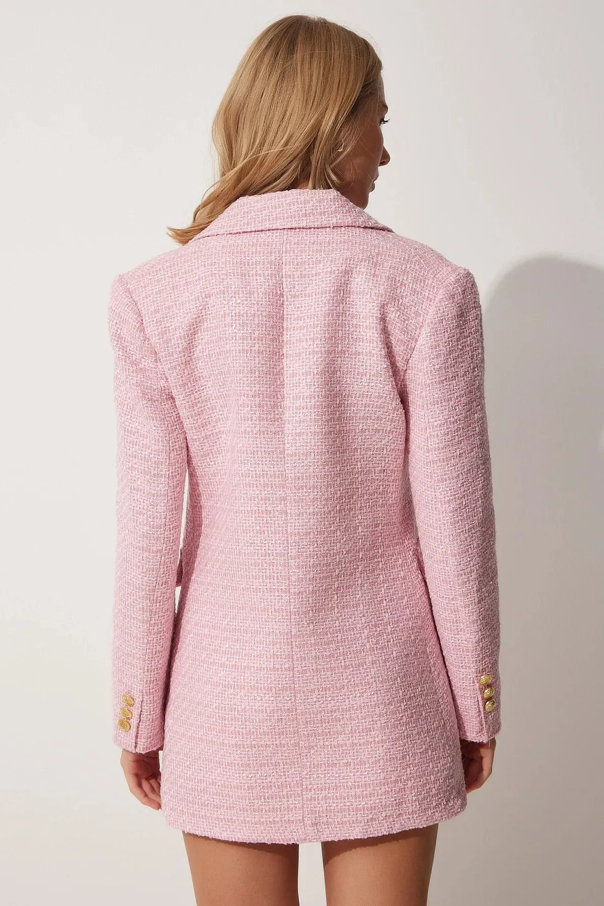 Pink Buttoned Blazer Tweed Jacket