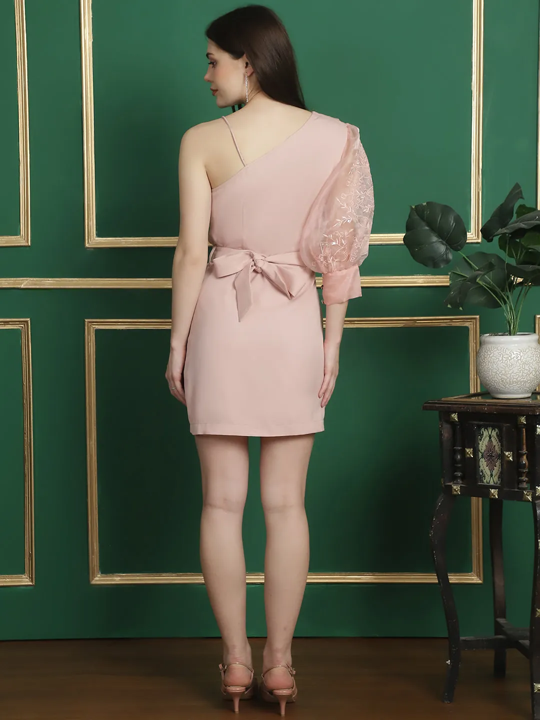 Pink One-Shoulder Belted Party Dress