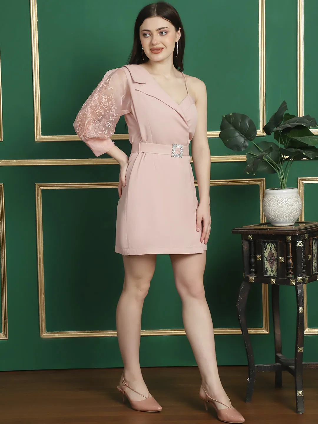 Pink One-Shoulder Belted Party Dress
