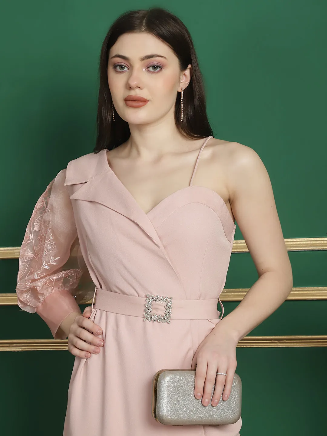 Pink One-Shoulder Belted Party Dress