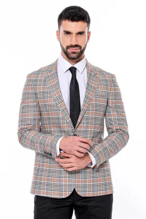 Plaid Slim-Fit Orange Black Men Blazer