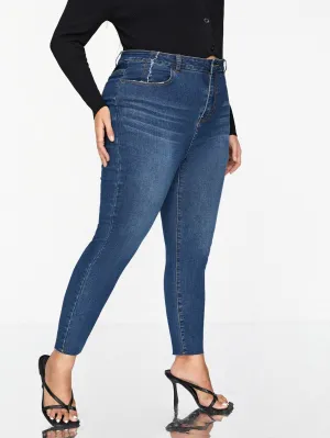 Plain Raw Hem Natural Long Plus Size Jeans