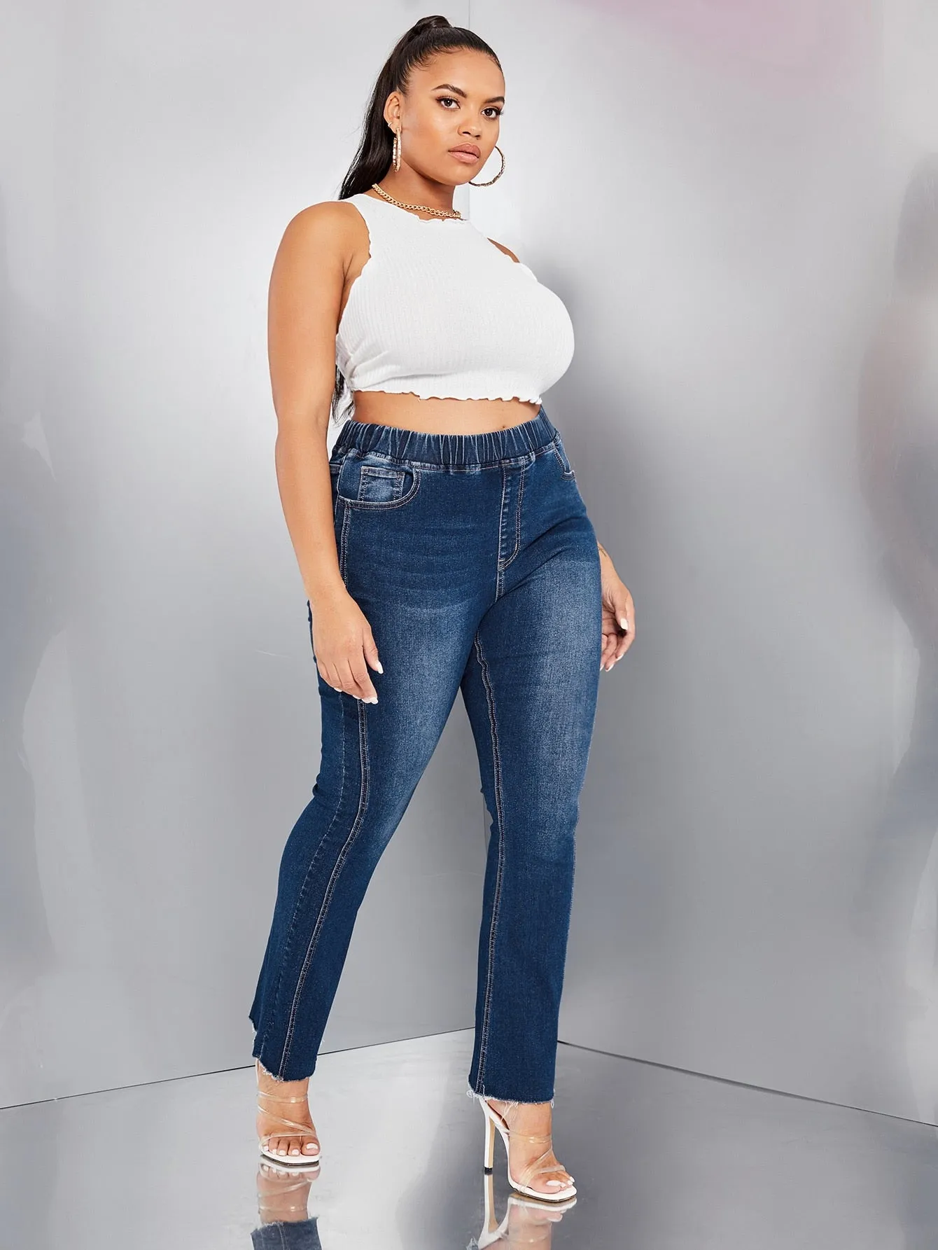 Plain Washed Natural Long Plus Size Jeans