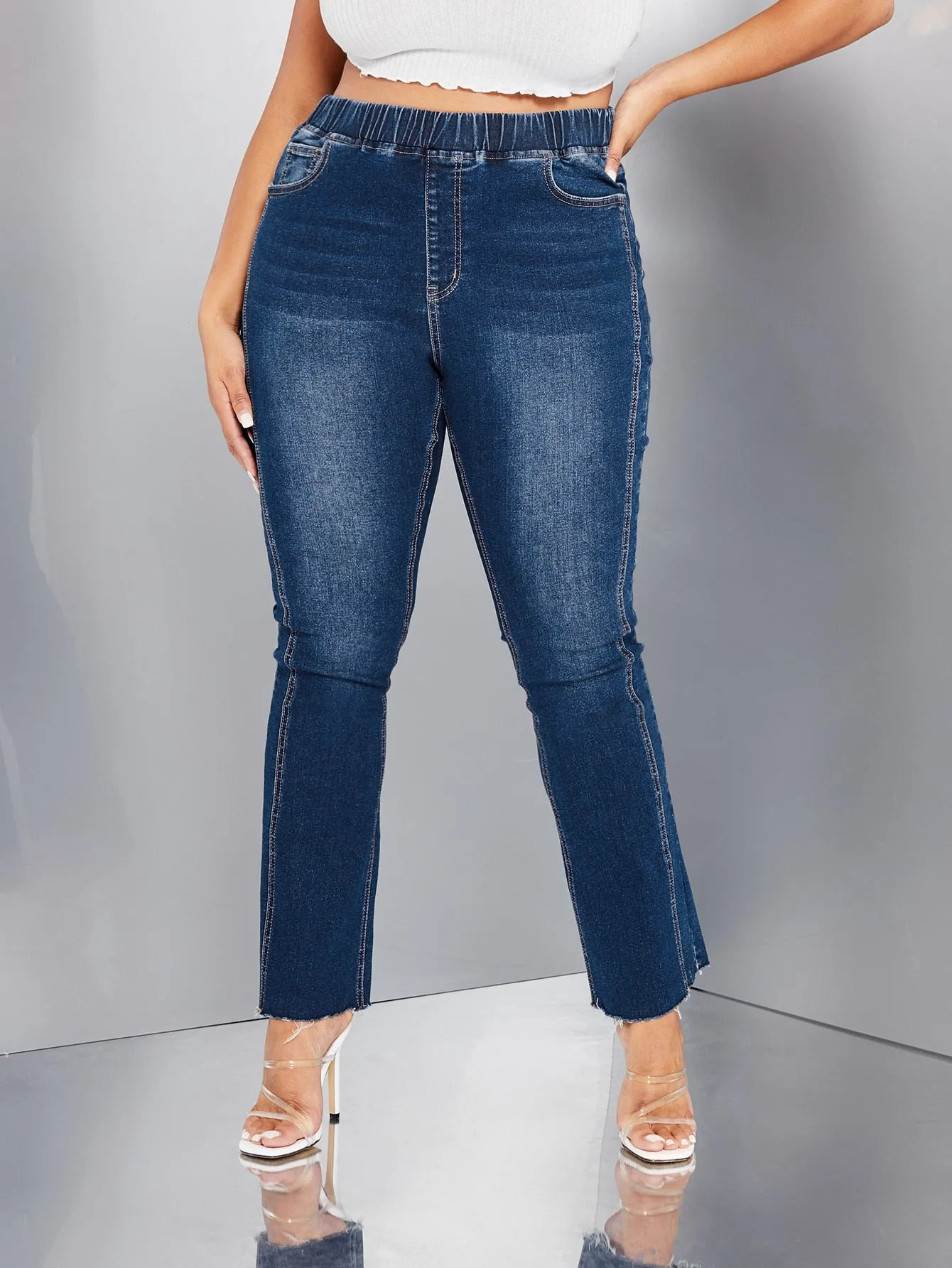 Plain Washed Natural Long Plus Size Jeans