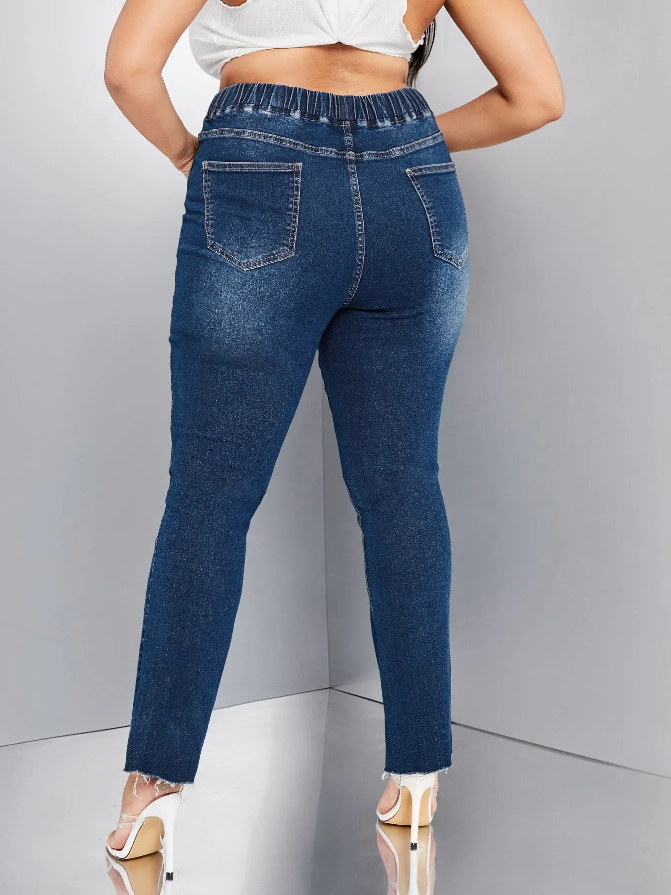 Plain Washed Natural Long Plus Size Jeans