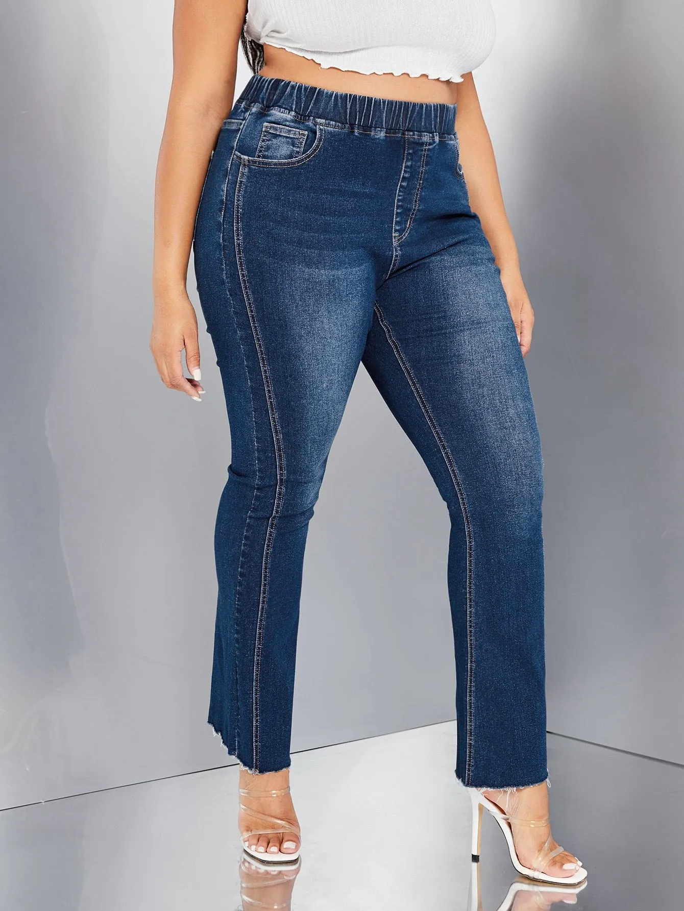 Plain Washed Natural Long Plus Size Jeans