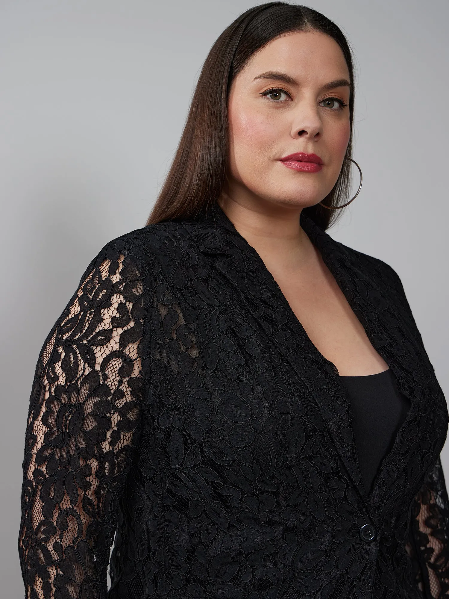 Plus Single Breasted Lace Blazer