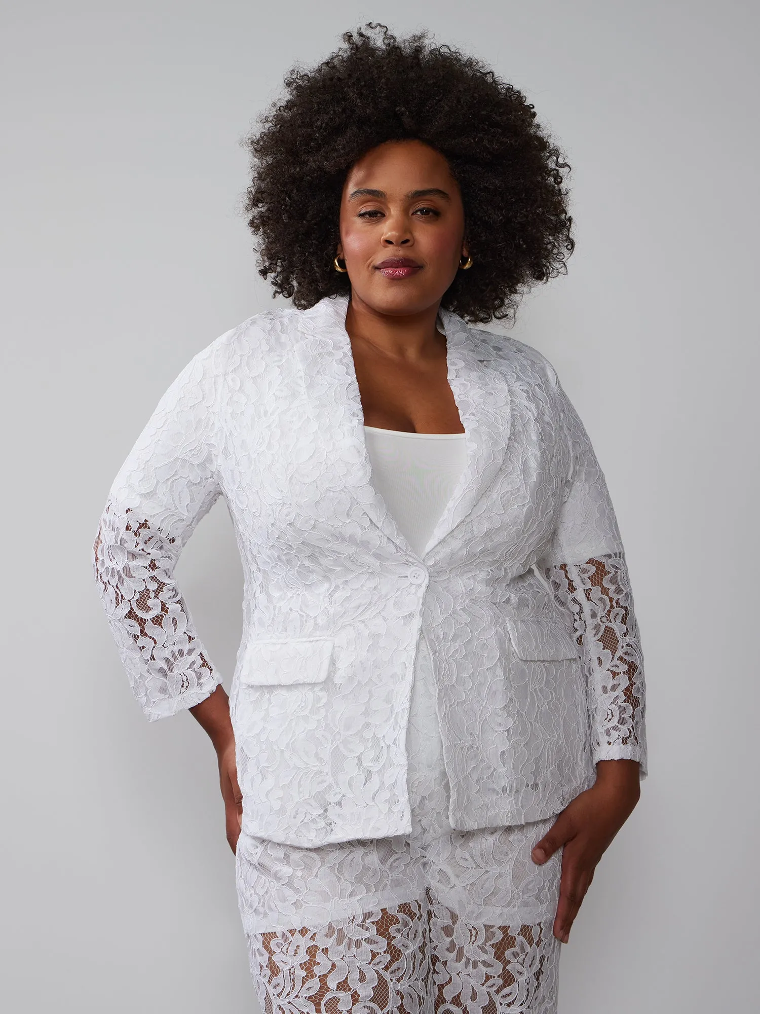 Plus Single Breasted Lace Blazer