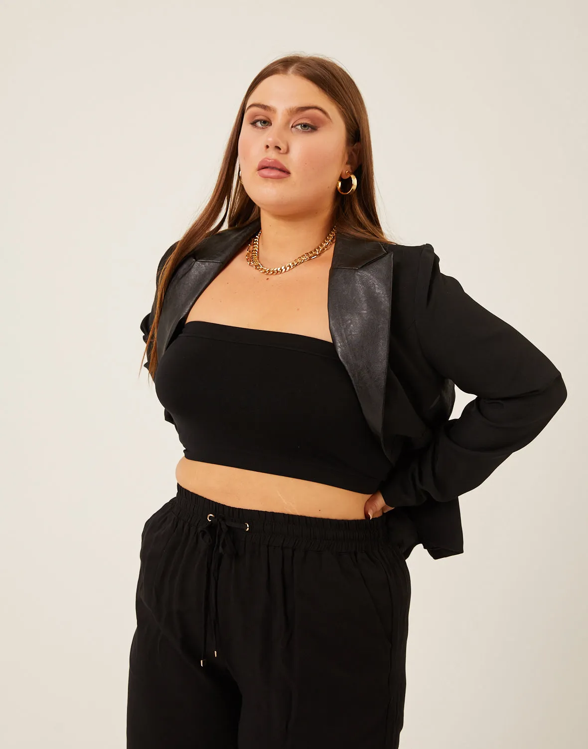 Plus Size Faux Leather Trim Blazer