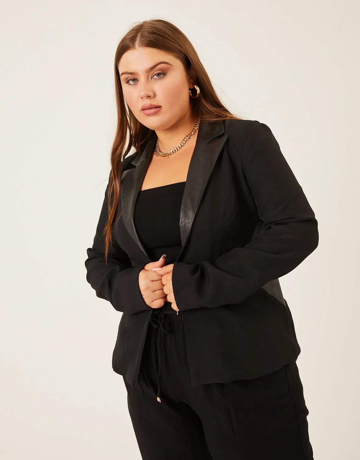 Plus Size Faux Leather Trim Blazer