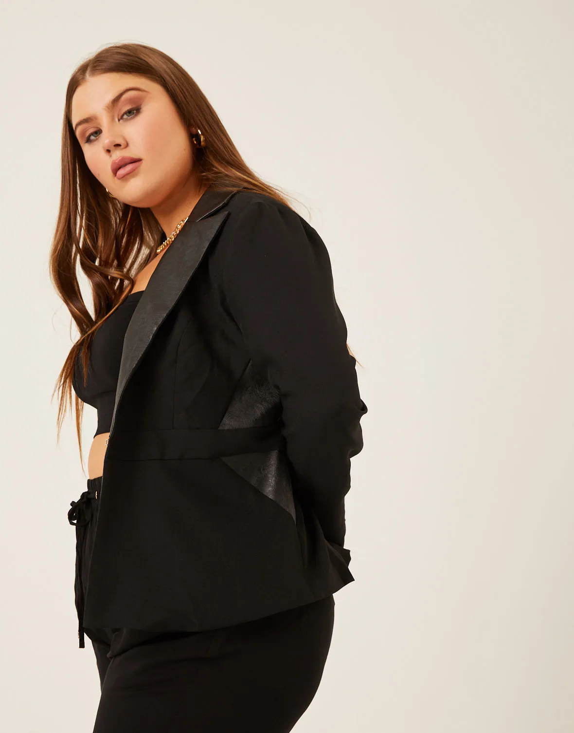 Plus Size Faux Leather Trim Blazer