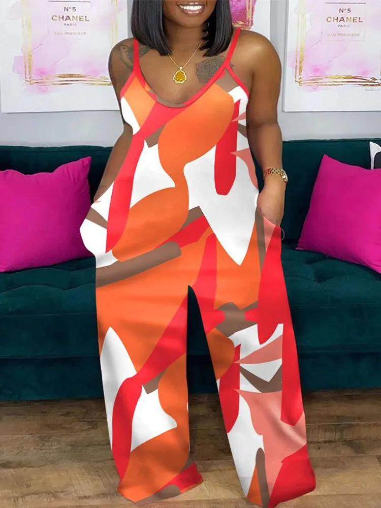 Plus Size Geometric Print Spaghetti Strap CASUAL JUMPSUIT