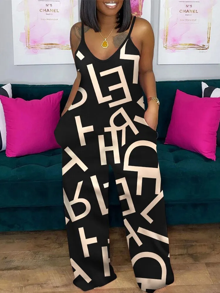 Plus Size Geometric Print Spaghetti Strap CASUAL JUMPSUIT