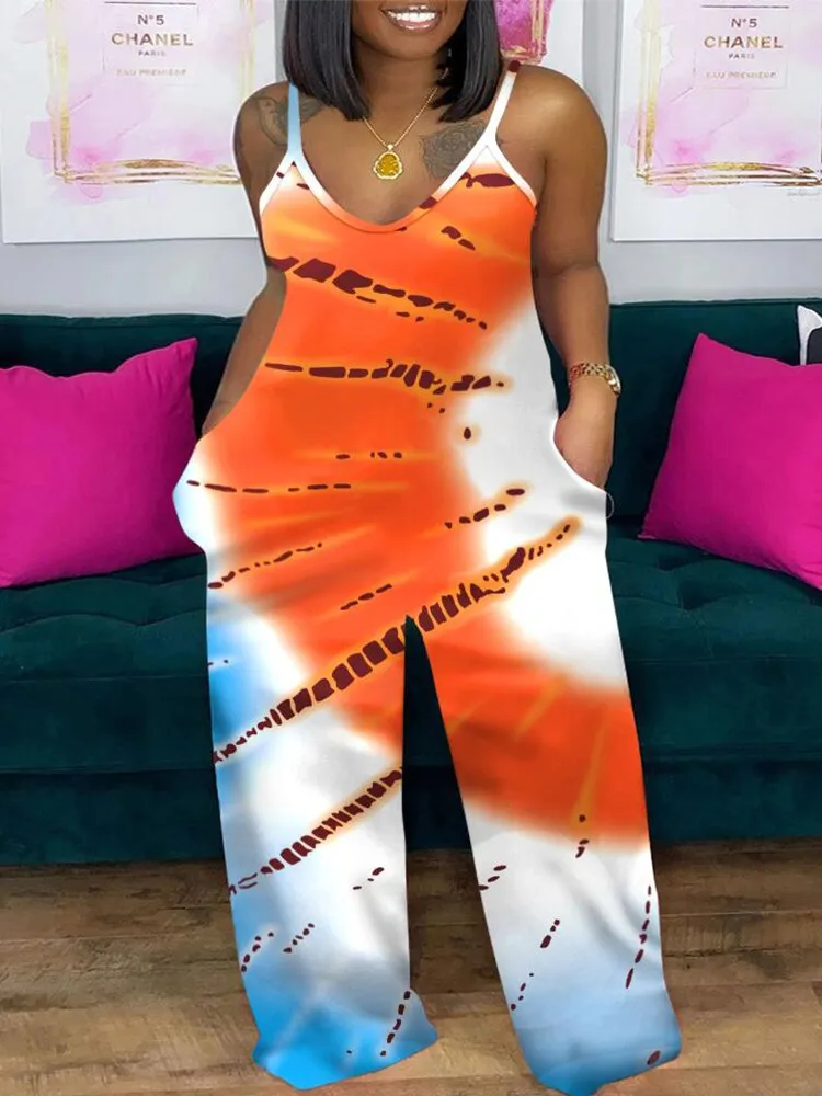 Plus Size Geometric Print Spaghetti Strap CASUAL JUMPSUIT