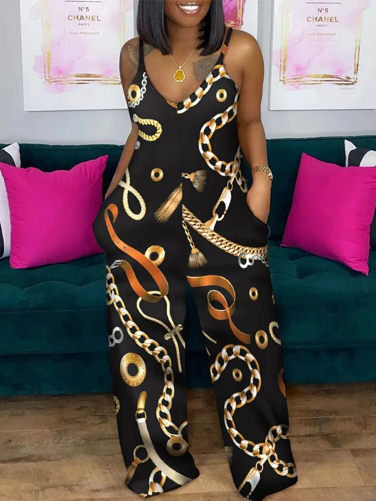 Plus Size Geometric Print Spaghetti Strap CASUAL JUMPSUIT