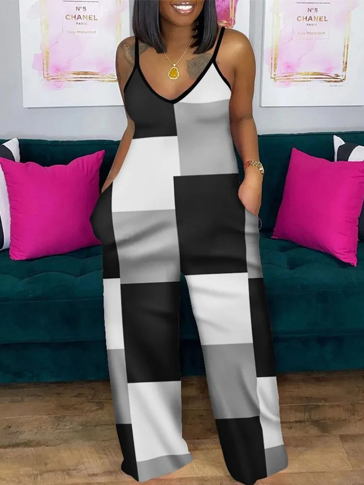Plus Size Geometric Print Spaghetti Strap CASUAL JUMPSUIT