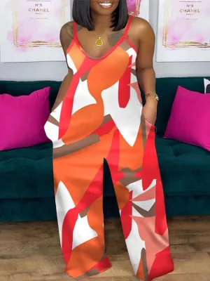 Plus Size Geometric Print Spaghetti Strap CASUAL JUMPSUIT