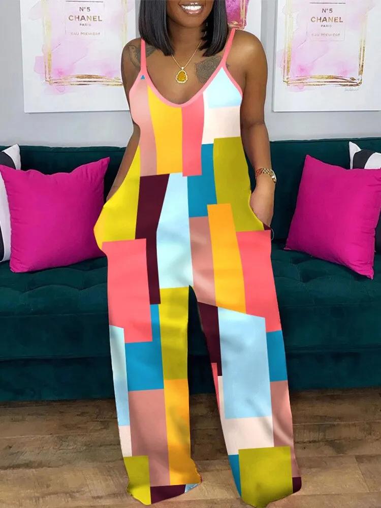 Plus Size Geometric Print Spaghetti Strap CASUAL JUMPSUIT