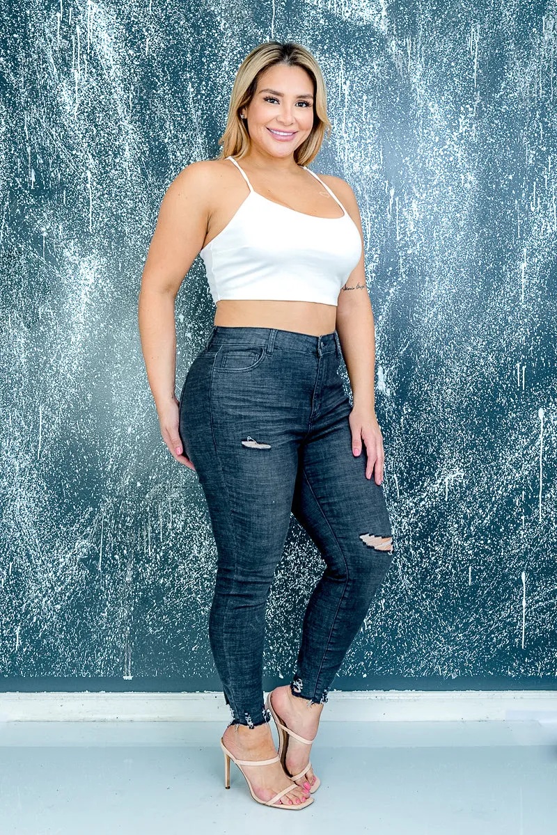 Plus Size Stretch Denim Skinny Jeans with Distessed Detail and Frayed Ankle Hem in Black (HPS-1198-BLK)