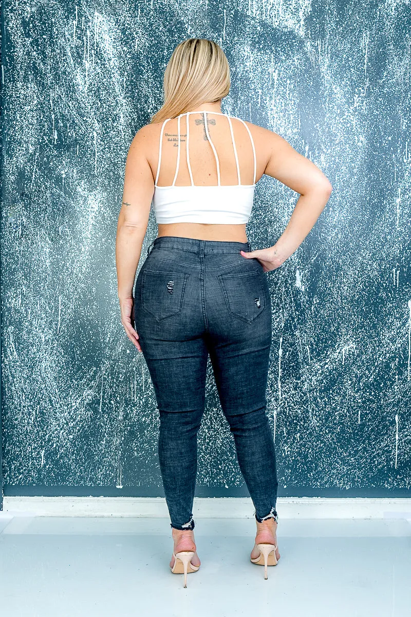 Plus Size Stretch Denim Skinny Jeans with Distessed Detail and Frayed Ankle Hem in Black (HPS-1198-BLK)