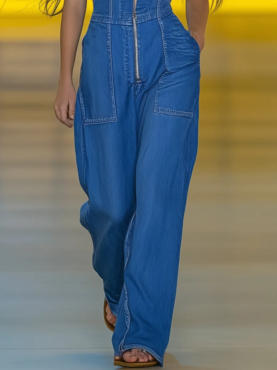 Premium Denim V-Neck Zipper Wide-Leg Jumpsuit