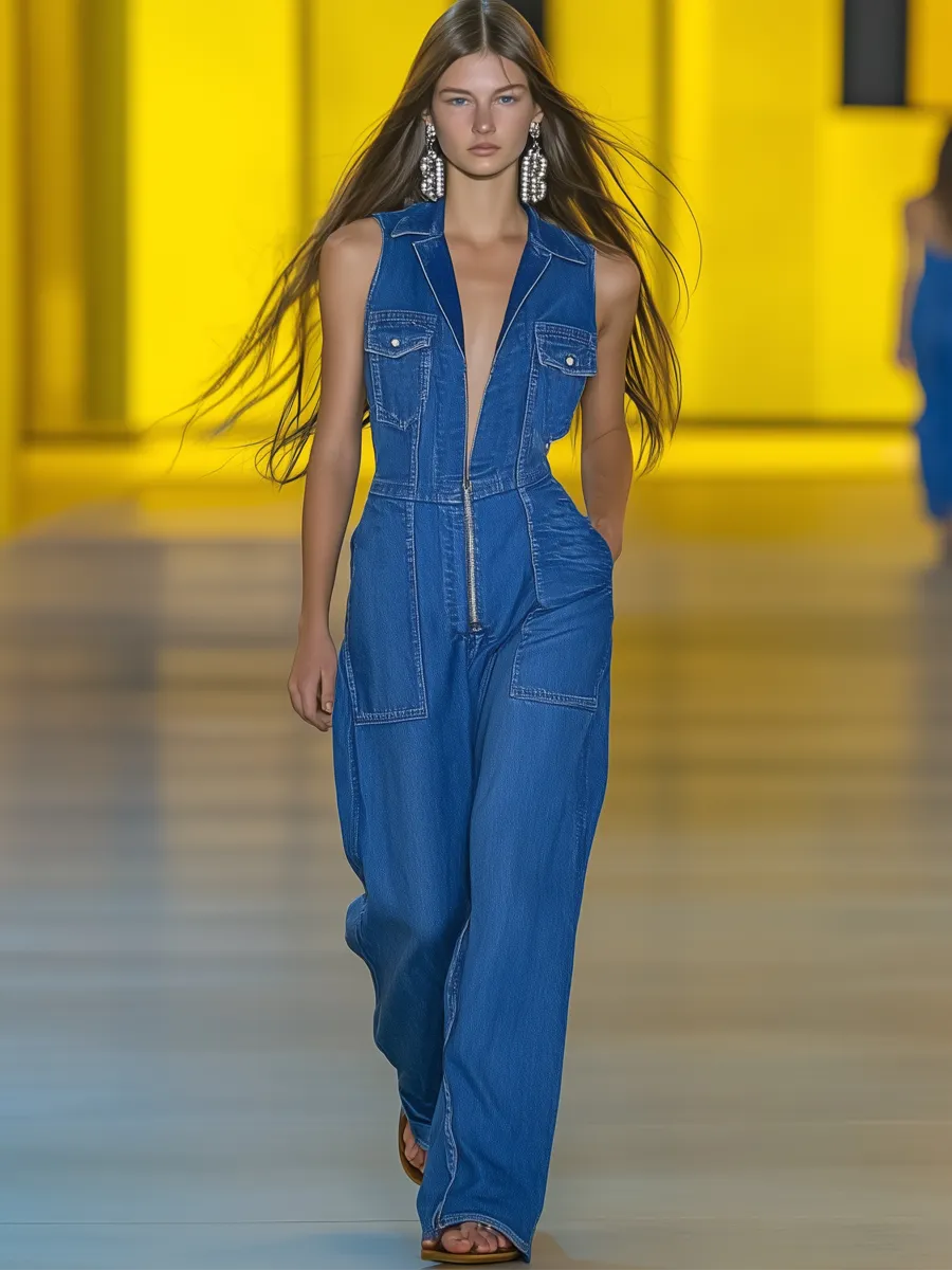 Premium Denim V-Neck Zipper Wide-Leg Jumpsuit