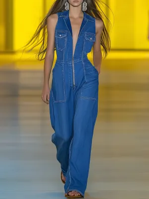Premium Denim V-Neck Zipper Wide-Leg Jumpsuit