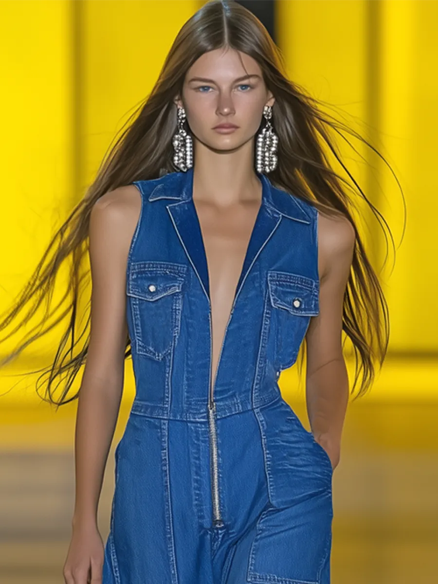 Premium Denim V-Neck Zipper Wide-Leg Jumpsuit