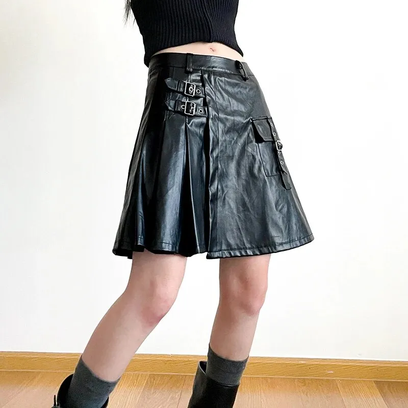 Punk Black PU Leather Low Waist Skirt
