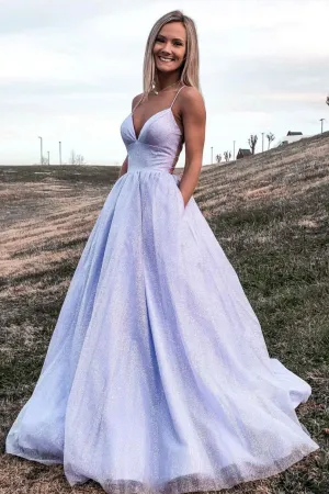 Purple V-Neck Spaghetti Strap Tulle Long Prom Dress, A-Line Backless Evening Dress