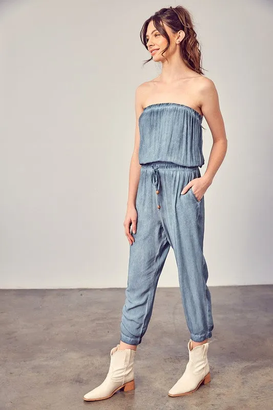 Raw Edge Taupe Strapless Detail Tube Jumpsuit