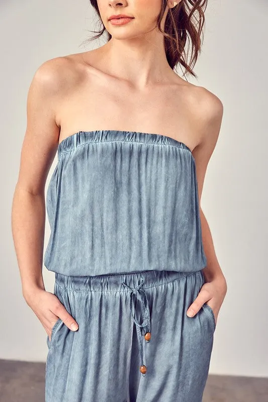 Raw Edge Taupe Strapless Detail Tube Jumpsuit