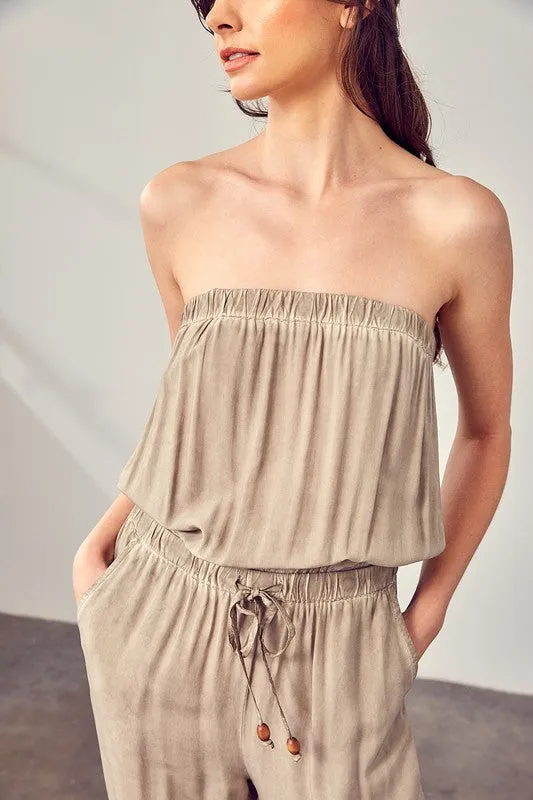Raw Edge Taupe Strapless Detail Tube Jumpsuit