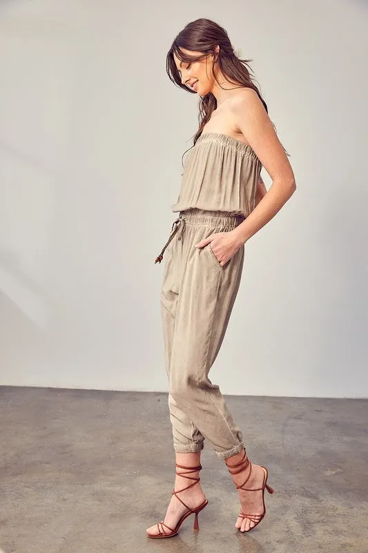 Raw Edge Taupe Strapless Detail Tube Jumpsuit