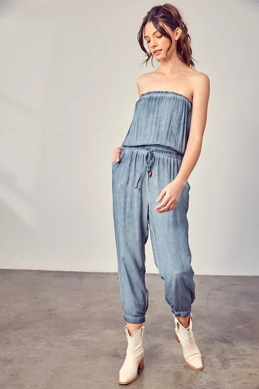 Raw Edge Taupe Strapless Detail Tube Jumpsuit