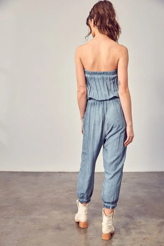 Raw Edge Taupe Strapless Detail Tube Jumpsuit