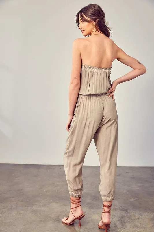 Raw Edge Taupe Strapless Detail Tube Jumpsuit