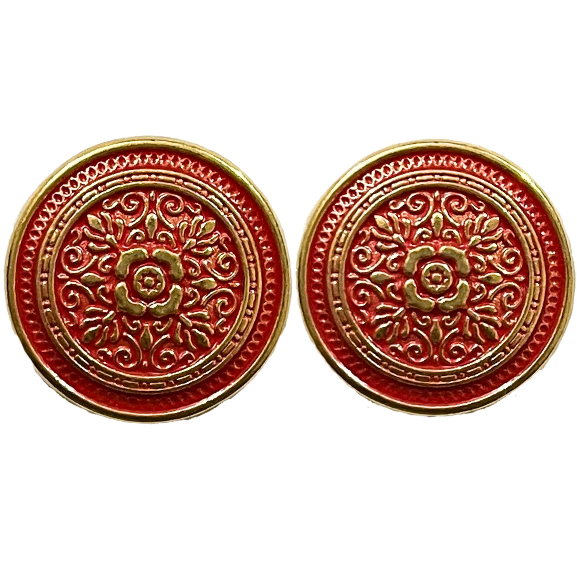 Red & Golden Eye Catchy Floral 1 Hole Round Metal Buttons
