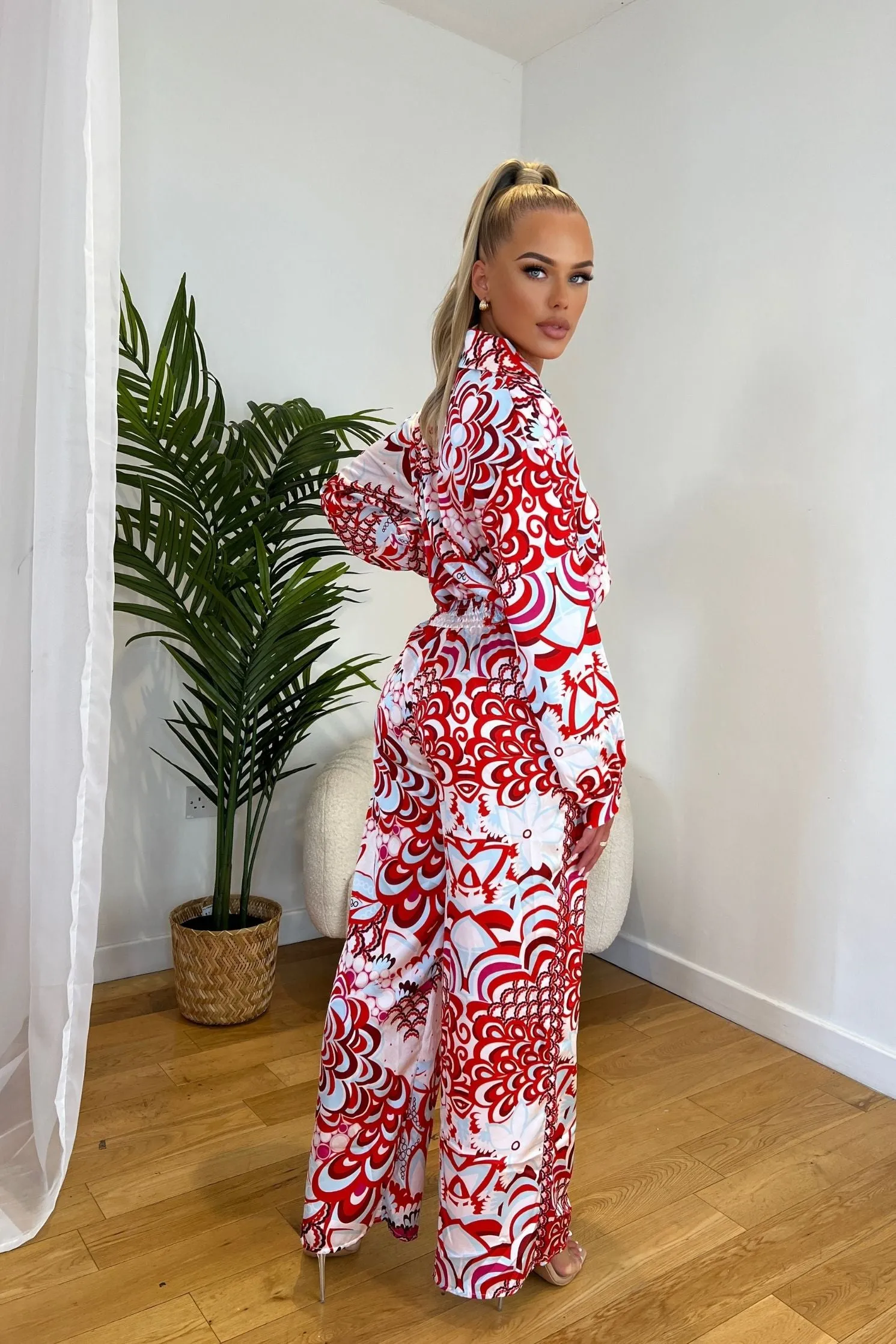 Red Satin Flower Print Wide Leg Jumpsuit
