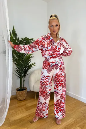 Red Satin Flower Print Wide Leg Jumpsuit