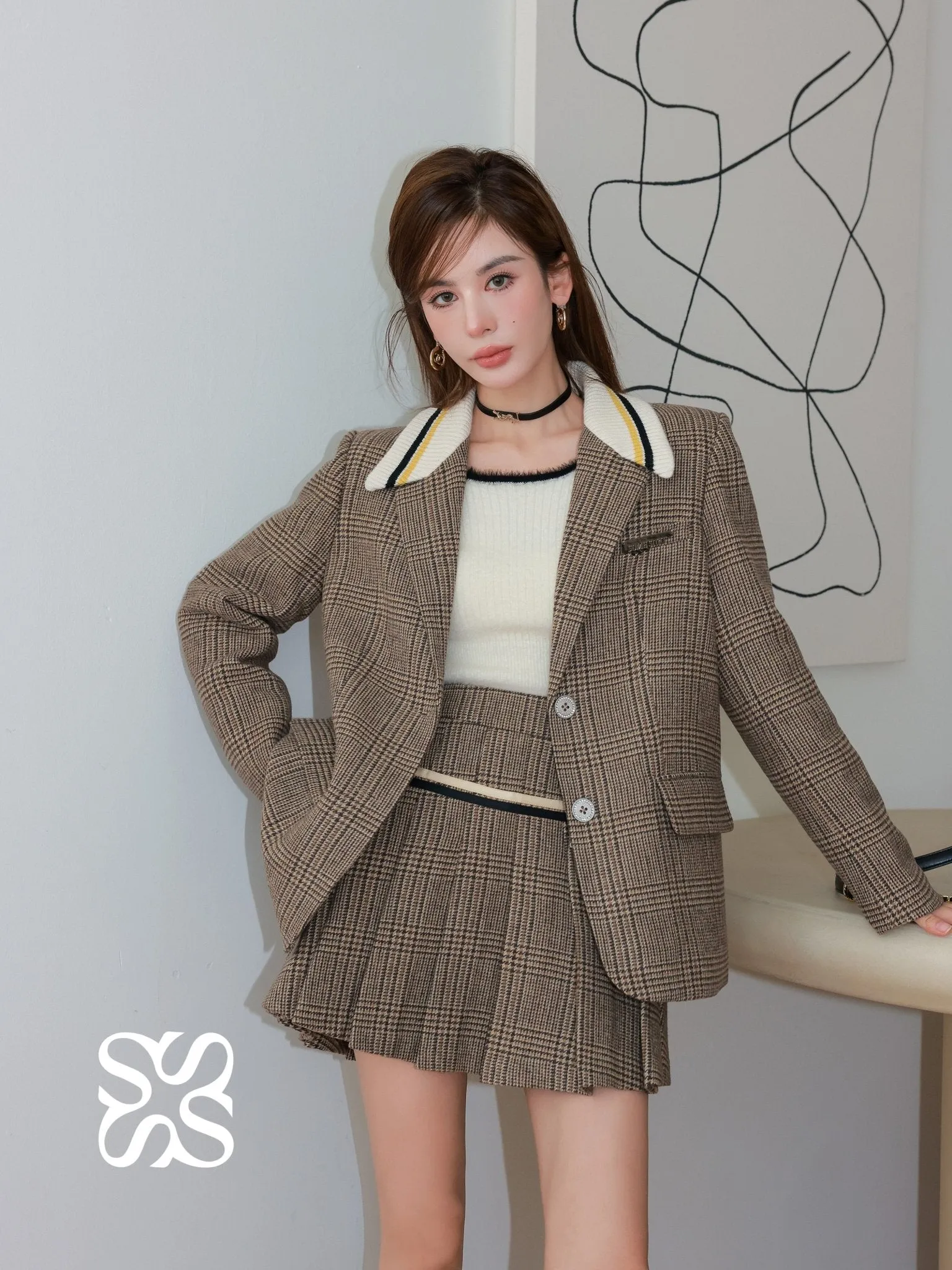Retro Checkered Pleated Wool Skirt