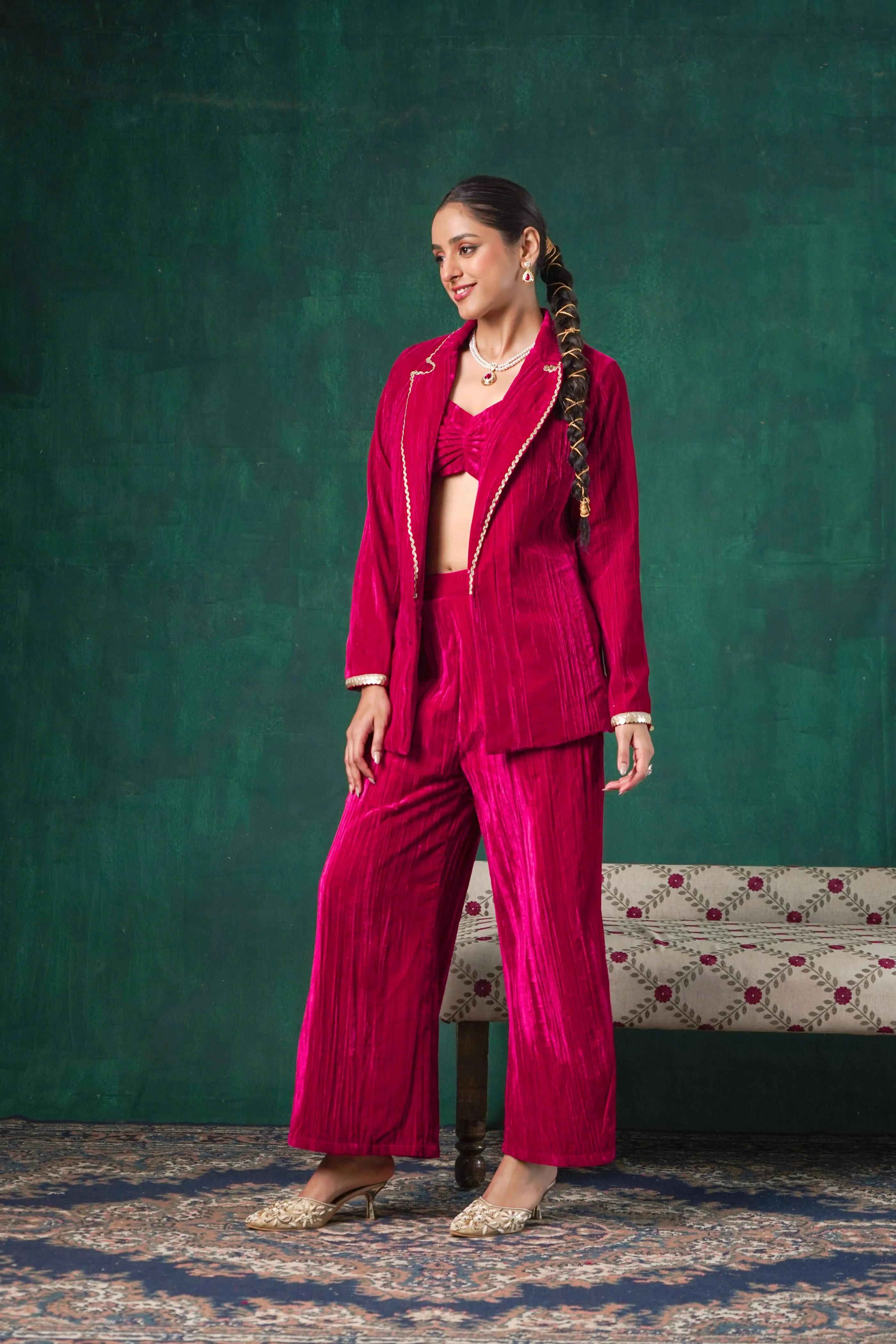 Rutba Fuchsia Velvet Blazer Set