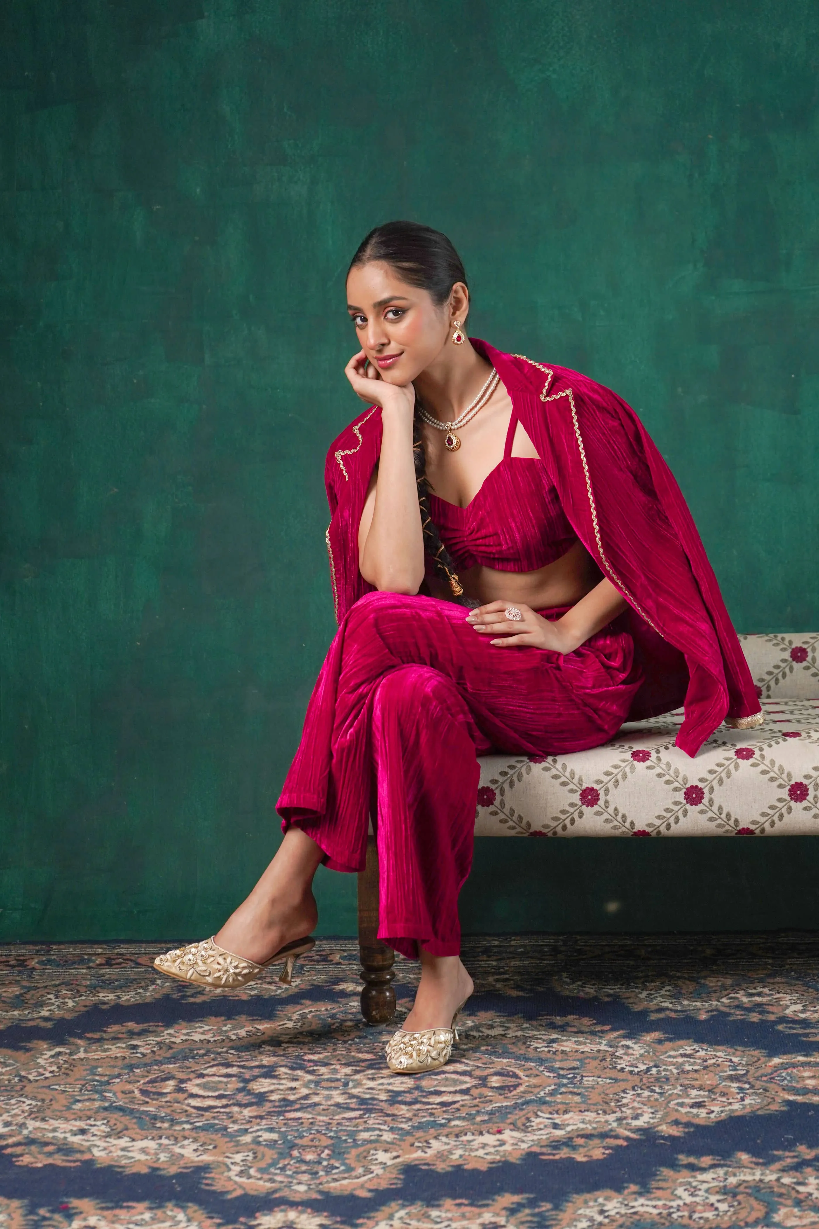 Rutba Fuchsia Velvet Blazer Set