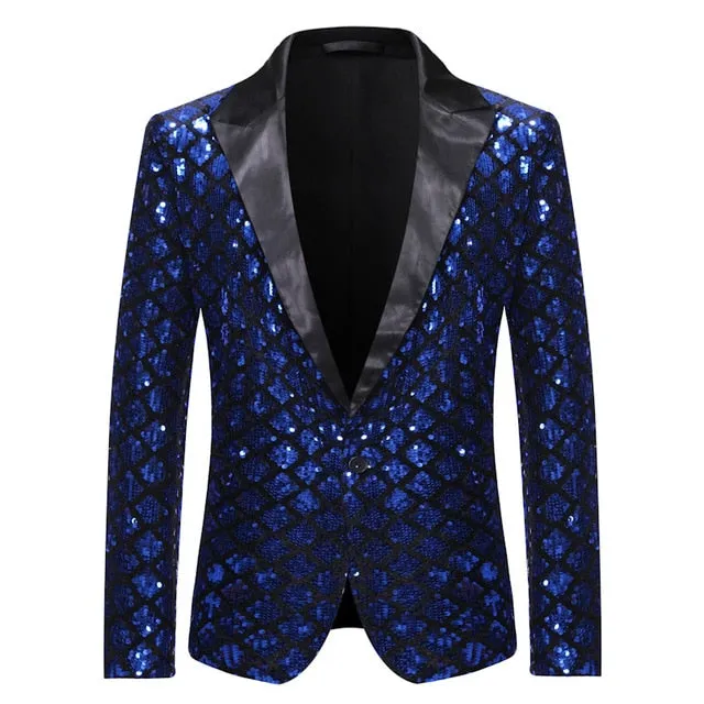 Satin Lapel Sequined Men Fancy Buttoned Blazer