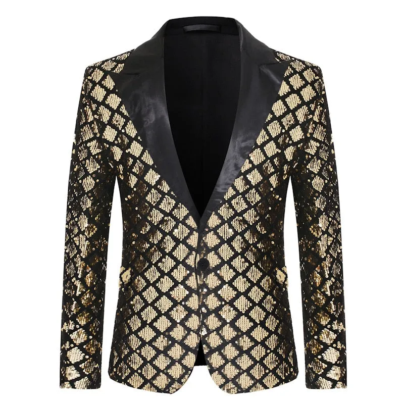 Satin Lapel Sequined Men Fancy Buttoned Blazer