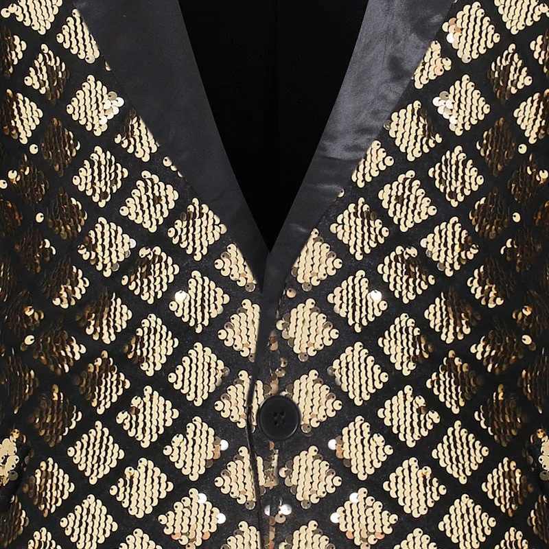 Satin Lapel Sequined Men Fancy Buttoned Blazer
