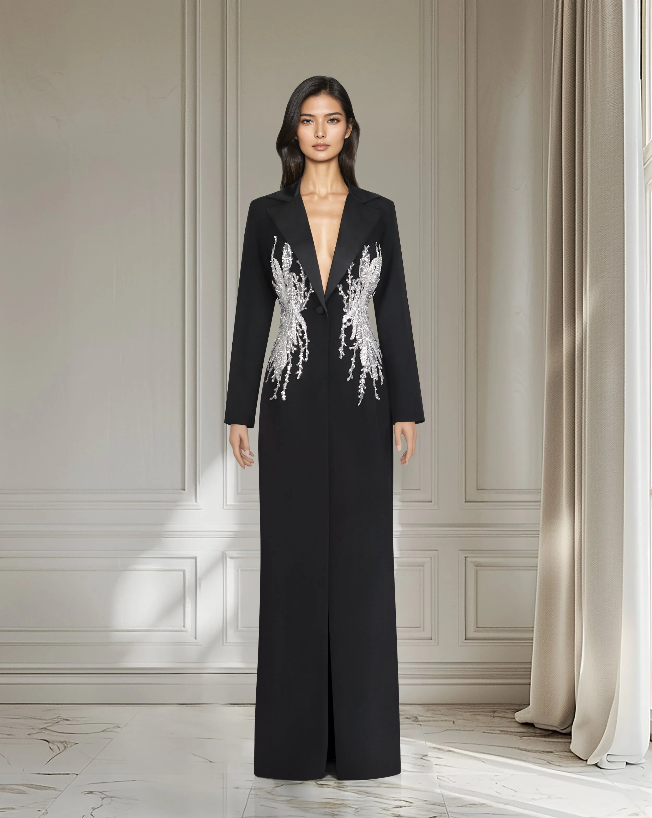 Sequined blazer dress with satin lapels